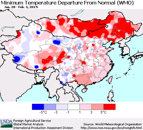 China, Mongolia and Taiwan Mean Minimum Temperature Departure from Normal (WMO) Thematic Map For 1/28/2019 - 2/3/2019