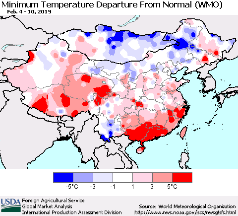 China, Mongolia and Taiwan Mean Minimum Temperature Departure from Normal (WMO) Thematic Map For 2/4/2019 - 2/10/2019