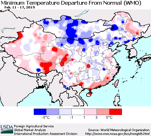 China, Mongolia and Taiwan Mean Minimum Temperature Departure from Normal (WMO) Thematic Map For 2/11/2019 - 2/17/2019