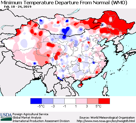 China, Mongolia and Taiwan Mean Minimum Temperature Departure from Normal (WMO) Thematic Map For 2/18/2019 - 2/24/2019