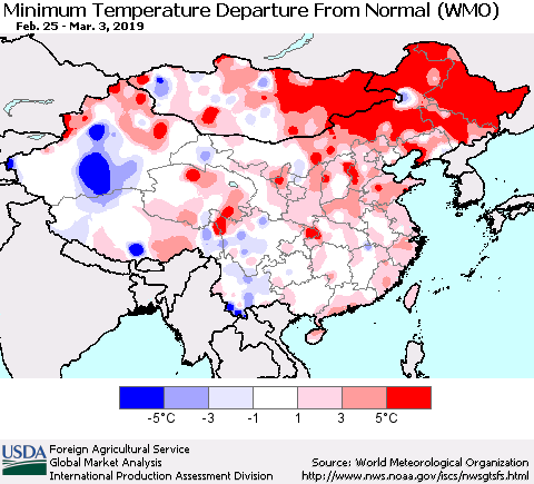 China, Mongolia and Taiwan Mean Minimum Temperature Departure from Normal (WMO) Thematic Map For 2/25/2019 - 3/3/2019