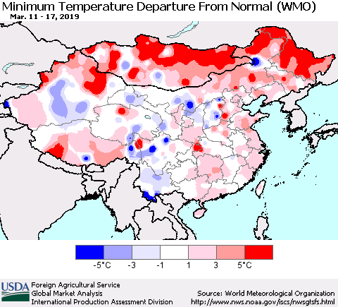 China, Mongolia and Taiwan Mean Minimum Temperature Departure from Normal (WMO) Thematic Map For 3/11/2019 - 3/17/2019