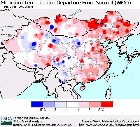 China and Taiwan Minimum Temperature Departure From Normal (WMO) Thematic Map For 3/18/2019 - 3/24/2019