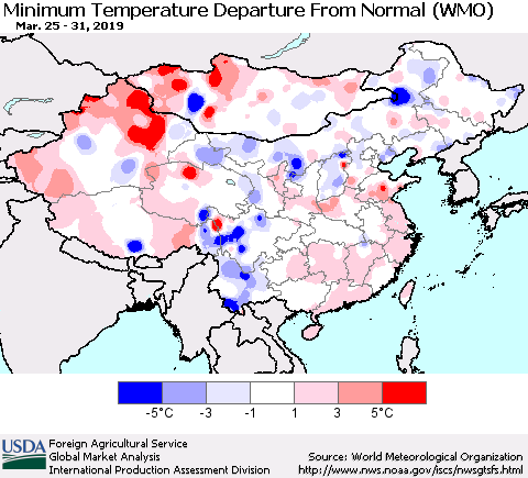China, Mongolia and Taiwan Mean Minimum Temperature Departure from Normal (WMO) Thematic Map For 3/25/2019 - 3/31/2019