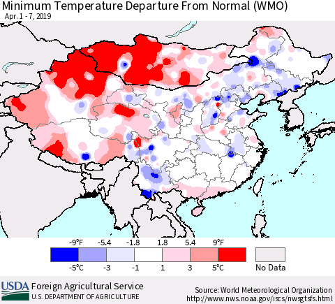 China and Taiwan Minimum Temperature Departure From Normal (WMO) Thematic Map For 4/1/2019 - 4/7/2019