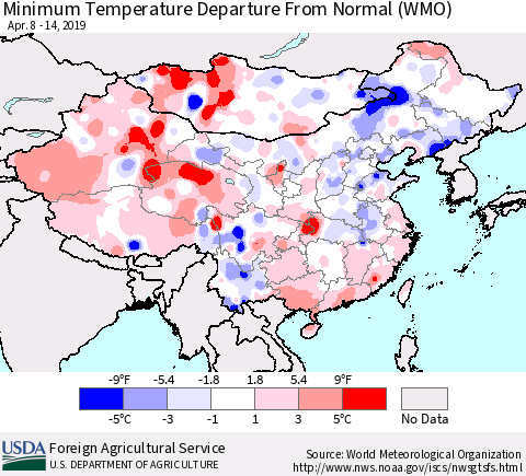 China and Taiwan Minimum Temperature Departure From Normal (WMO) Thematic Map For 4/8/2019 - 4/14/2019