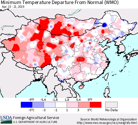 China and Taiwan Minimum Temperature Departure From Normal (WMO) Thematic Map For 4/15/2019 - 4/21/2019