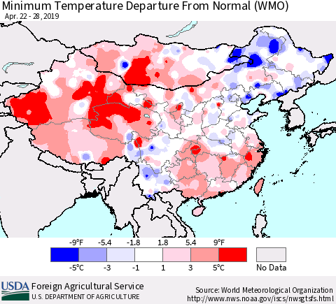 China and Taiwan Minimum Temperature Departure From Normal (WMO) Thematic Map For 4/22/2019 - 4/28/2019