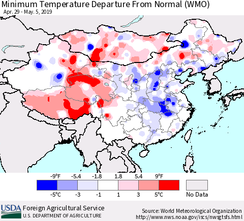 China and Taiwan Minimum Temperature Departure From Normal (WMO) Thematic Map For 4/29/2019 - 5/5/2019