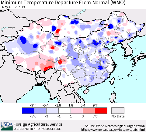 China and Taiwan Minimum Temperature Departure From Normal (WMO) Thematic Map For 5/6/2019 - 5/12/2019