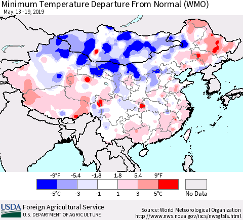 China and Taiwan Minimum Temperature Departure From Normal (WMO) Thematic Map For 5/13/2019 - 5/19/2019