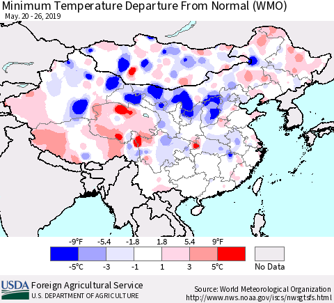 China and Taiwan Minimum Temperature Departure From Normal (WMO) Thematic Map For 5/20/2019 - 5/26/2019