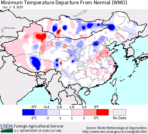 China and Taiwan Minimum Temperature Departure From Normal (WMO) Thematic Map For 6/3/2019 - 6/9/2019