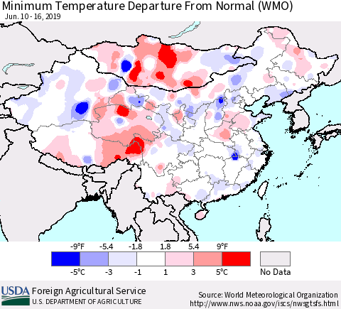 China, Mongolia and Taiwan Mean Minimum Temperature Departure from Normal (WMO) Thematic Map For 6/10/2019 - 6/16/2019