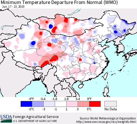 China, Mongolia and Taiwan Mean Minimum Temperature Departure from Normal (WMO) Thematic Map For 6/17/2019 - 6/23/2019