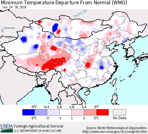 China, Mongolia and Taiwan Mean Minimum Temperature Departure from Normal (WMO) Thematic Map For 6/24/2019 - 6/30/2019