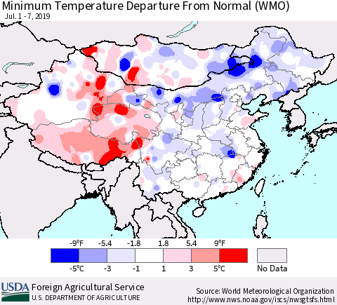 China, Mongolia and Taiwan Mean Minimum Temperature Departure from Normal (WMO) Thematic Map For 7/1/2019 - 7/7/2019