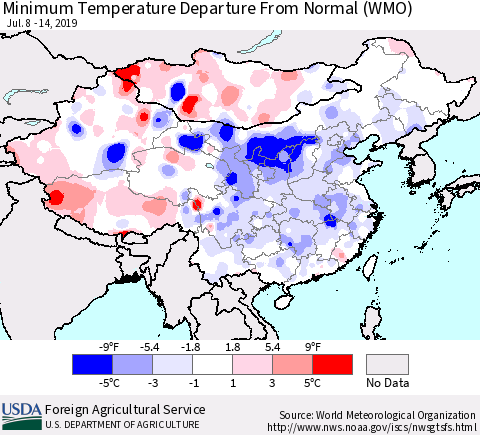China, Mongolia and Taiwan Mean Minimum Temperature Departure from Normal (WMO) Thematic Map For 7/8/2019 - 7/14/2019