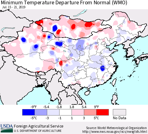 China and Taiwan Minimum Temperature Departure From Normal (WMO) Thematic Map For 7/15/2019 - 7/21/2019