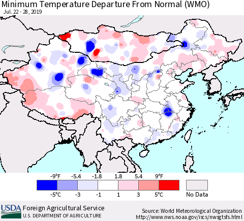 China and Taiwan Minimum Temperature Departure From Normal (WMO) Thematic Map For 7/22/2019 - 7/28/2019