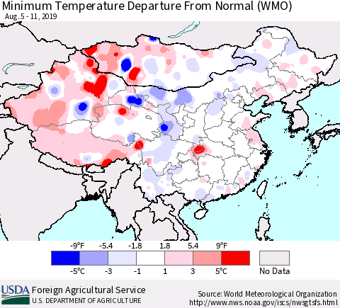 China and Taiwan Minimum Temperature Departure From Normal (WMO) Thematic Map For 8/5/2019 - 8/11/2019