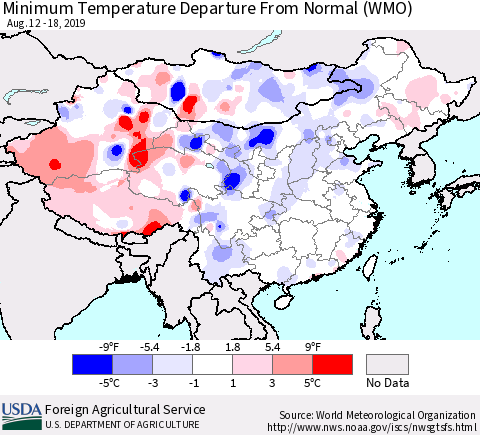 China, Mongolia and Taiwan Mean Minimum Temperature Departure from Normal (WMO) Thematic Map For 8/12/2019 - 8/18/2019