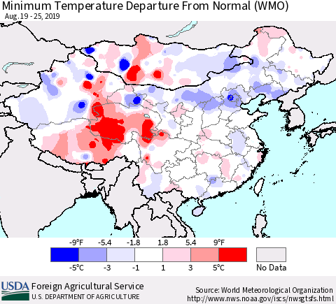 China, Mongolia and Taiwan Mean Minimum Temperature Departure from Normal (WMO) Thematic Map For 8/19/2019 - 8/25/2019