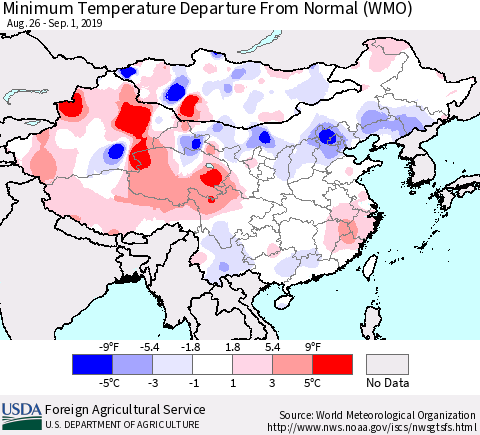 China and Taiwan Minimum Temperature Departure From Normal (WMO) Thematic Map For 8/26/2019 - 9/1/2019
