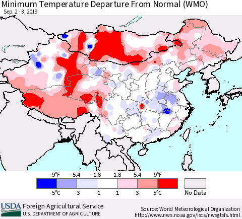 China and Taiwan Minimum Temperature Departure From Normal (WMO) Thematic Map For 9/2/2019 - 9/8/2019