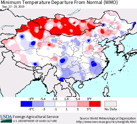 China, Mongolia and Taiwan Mean Minimum Temperature Departure from Normal (WMO) Thematic Map For 9/23/2019 - 9/29/2019