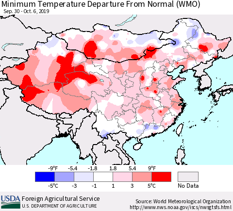 China, Mongolia and Taiwan Mean Minimum Temperature Departure from Normal (WMO) Thematic Map For 9/30/2019 - 10/6/2019
