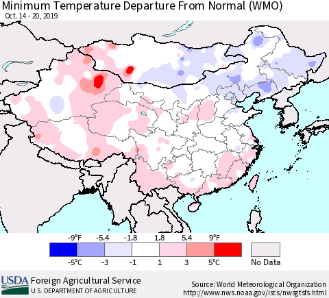 China and Taiwan Minimum Temperature Departure From Normal (WMO) Thematic Map For 10/14/2019 - 10/20/2019