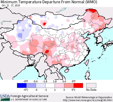 China, Mongolia and Taiwan Mean Minimum Temperature Departure from Normal (WMO) Thematic Map For 10/21/2019 - 10/27/2019