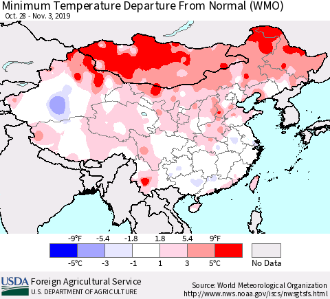 China, Mongolia and Taiwan Mean Minimum Temperature Departure from Normal (WMO) Thematic Map For 10/28/2019 - 11/3/2019