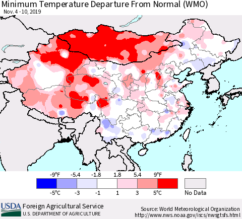 China, Mongolia and Taiwan Mean Minimum Temperature Departure from Normal (WMO) Thematic Map For 11/4/2019 - 11/10/2019