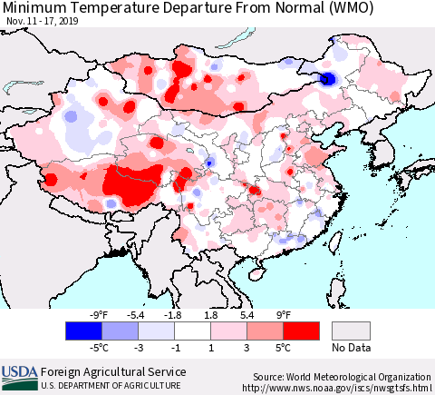 China, Mongolia and Taiwan Mean Minimum Temperature Departure from Normal (WMO) Thematic Map For 11/11/2019 - 11/17/2019