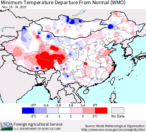 China, Mongolia and Taiwan Mean Minimum Temperature Departure from Normal (WMO) Thematic Map For 11/18/2019 - 11/24/2019