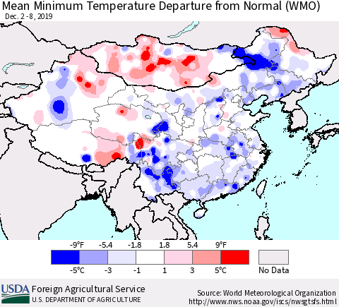 China, Mongolia and Taiwan Mean Minimum Temperature Departure from Normal (WMO) Thematic Map For 12/2/2019 - 12/8/2019