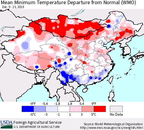 China, Mongolia and Taiwan Mean Minimum Temperature Departure from Normal (WMO) Thematic Map For 12/9/2019 - 12/15/2019