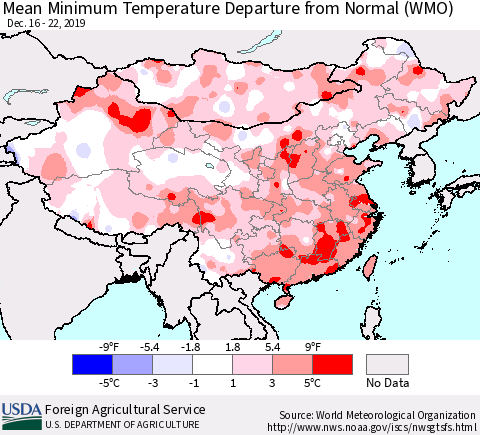 China, Mongolia and Taiwan Mean Minimum Temperature Departure from Normal (WMO) Thematic Map For 12/16/2019 - 12/22/2019