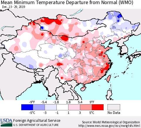 China, Mongolia and Taiwan Mean Minimum Temperature Departure from Normal (WMO) Thematic Map For 12/23/2019 - 12/29/2019