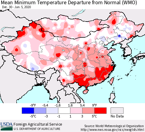 China, Mongolia and Taiwan Mean Minimum Temperature Departure from Normal (WMO) Thematic Map For 12/30/2019 - 1/5/2020