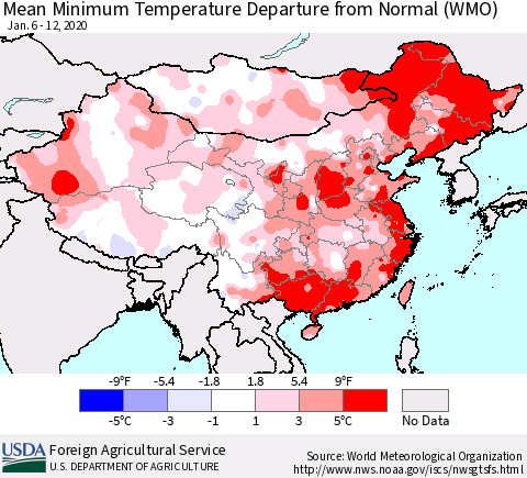China, Mongolia and Taiwan Mean Minimum Temperature Departure from Normal (WMO) Thematic Map For 1/6/2020 - 1/12/2020