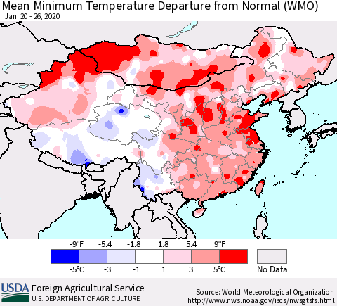 China, Mongolia and Taiwan Mean Minimum Temperature Departure from Normal (WMO) Thematic Map For 1/20/2020 - 1/26/2020