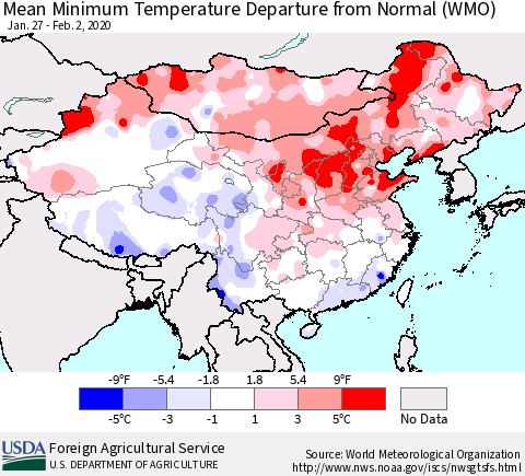 China, Mongolia and Taiwan Mean Minimum Temperature Departure from Normal (WMO) Thematic Map For 1/27/2020 - 2/2/2020