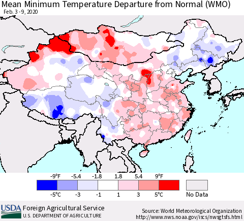 China, Mongolia and Taiwan Mean Minimum Temperature Departure from Normal (WMO) Thematic Map For 2/3/2020 - 2/9/2020