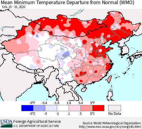 China, Mongolia and Taiwan Mean Minimum Temperature Departure from Normal (WMO) Thematic Map For 2/10/2020 - 2/16/2020