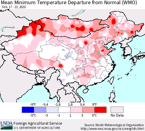 China, Mongolia and Taiwan Mean Minimum Temperature Departure from Normal (WMO) Thematic Map For 2/17/2020 - 2/23/2020