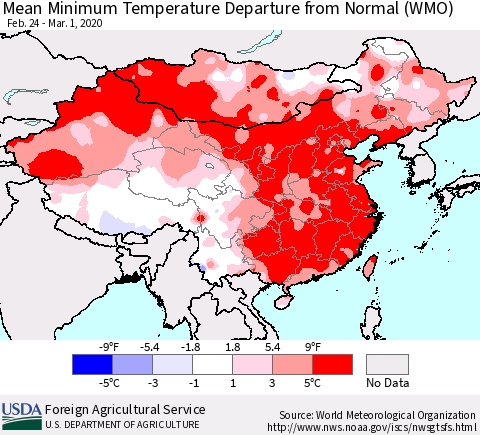 China, Mongolia and Taiwan Mean Minimum Temperature Departure from Normal (WMO) Thematic Map For 2/24/2020 - 3/1/2020