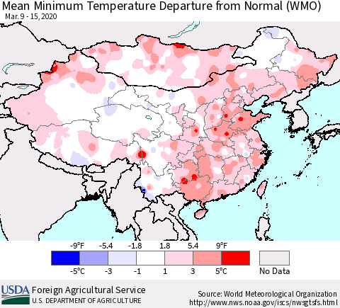 China, Mongolia and Taiwan Mean Minimum Temperature Departure from Normal (WMO) Thematic Map For 3/9/2020 - 3/15/2020